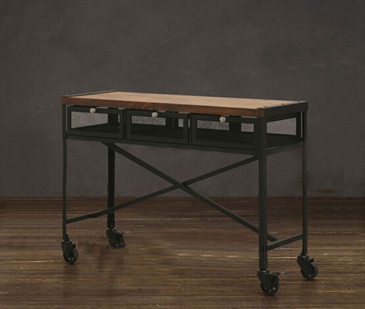 Antique USA country design wooden loft table,restaurant wooden table top with metal leg and wheel loft table